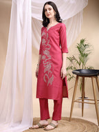 Embroidered Kurta With Pant & Printed Dupatta, Pink - Hiral Fashion - Distacart
