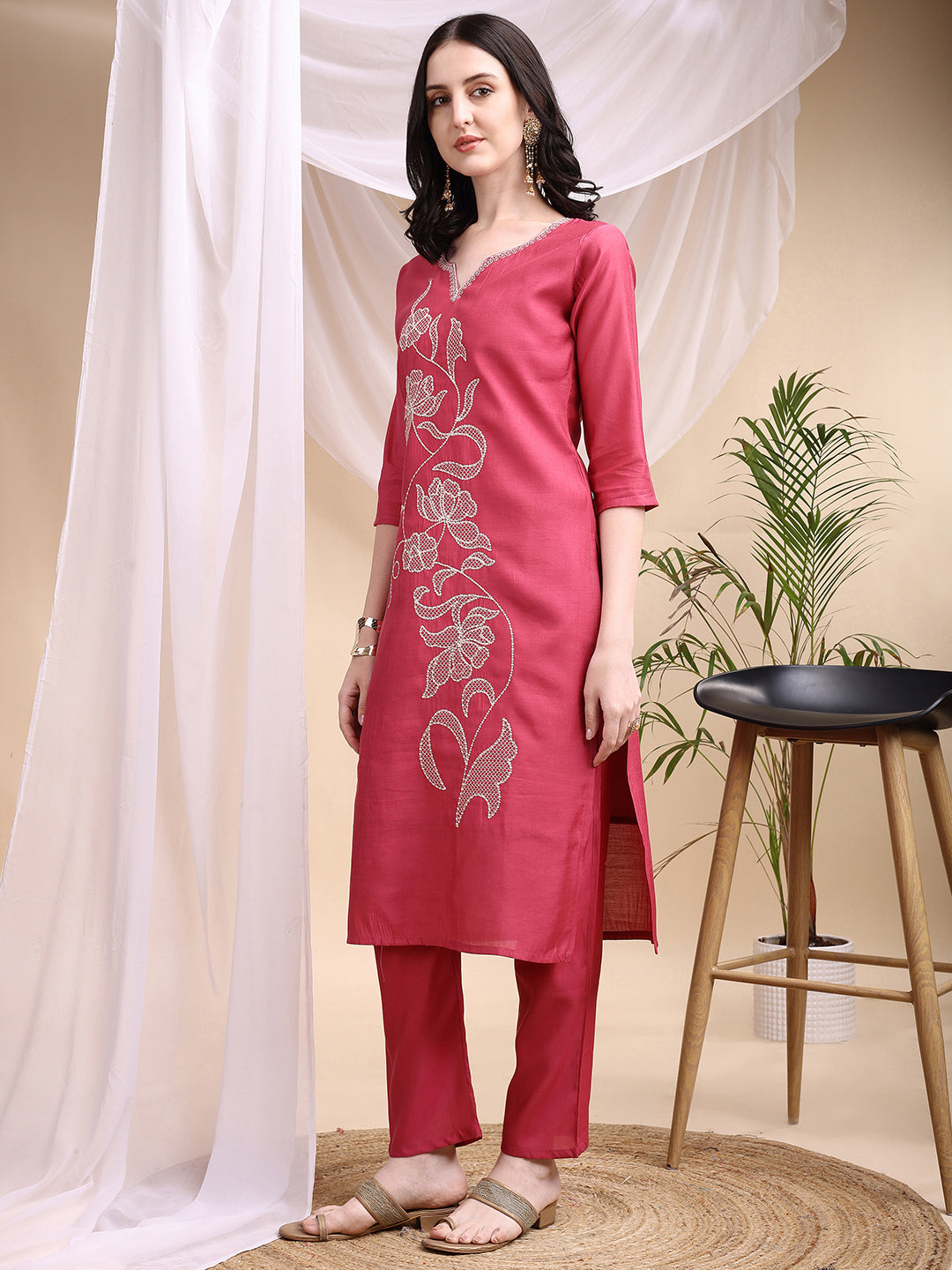 Embroidered Kurta With Pant & Printed Dupatta, Pink - Hiral Fashion - Distacart