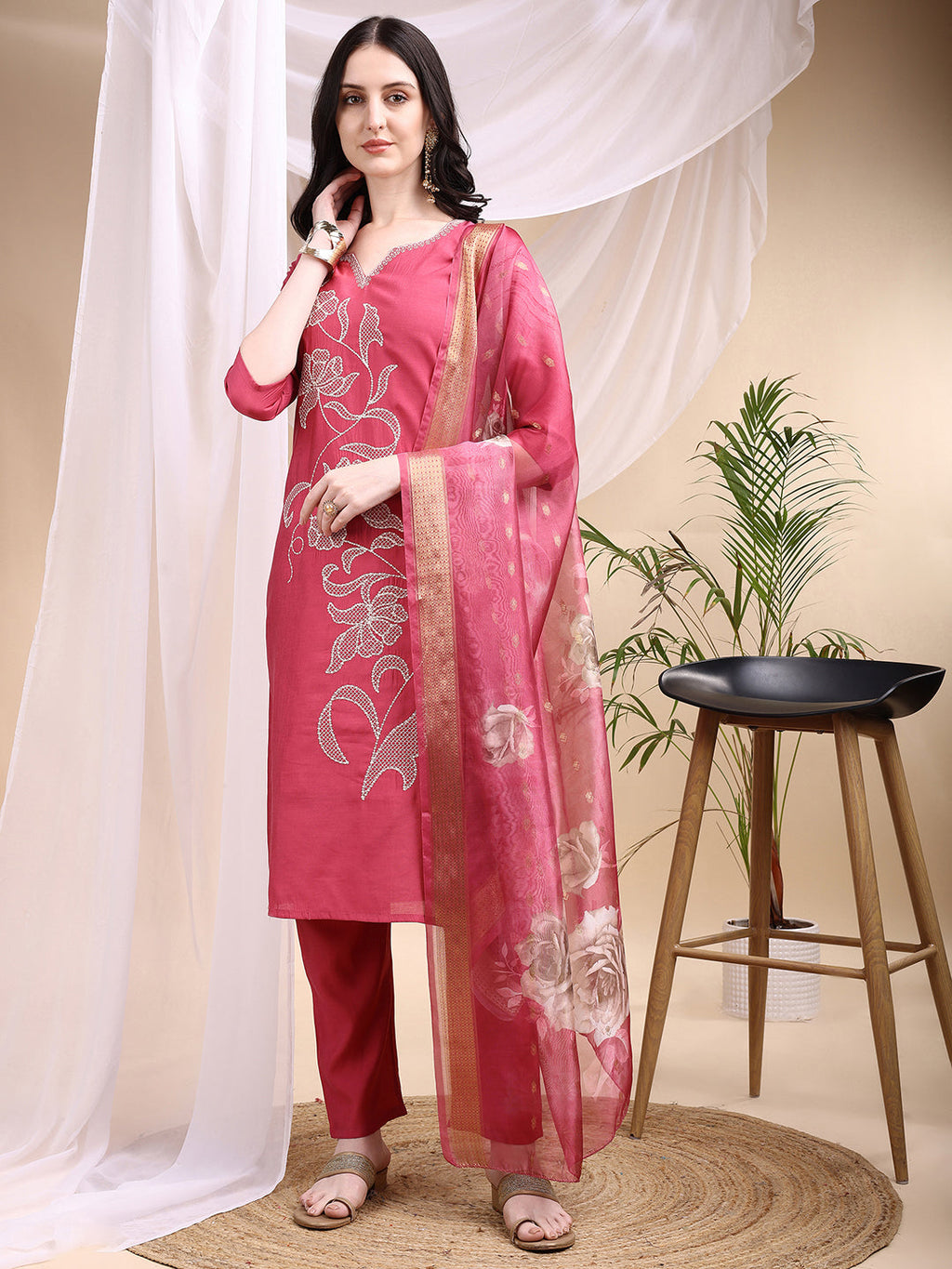 Embroidered Kurta With Pant & Printed Dupatta, Pink - Hiral Fashion - Distacart