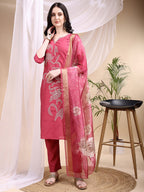 Embroidered Kurta With Pant & Printed Dupatta, Pink - Hiral Fashion - Distacart