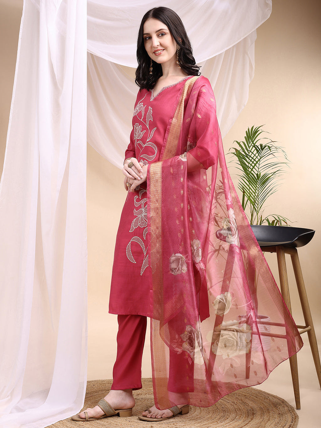 Embroidered Kurta With Pant & Printed Dupatta, Pink - Hiral Fashion - Distacart