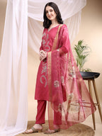 Embroidered Kurta With Pant & Printed Dupatta, Pink - Hiral Fashion - Distacart
