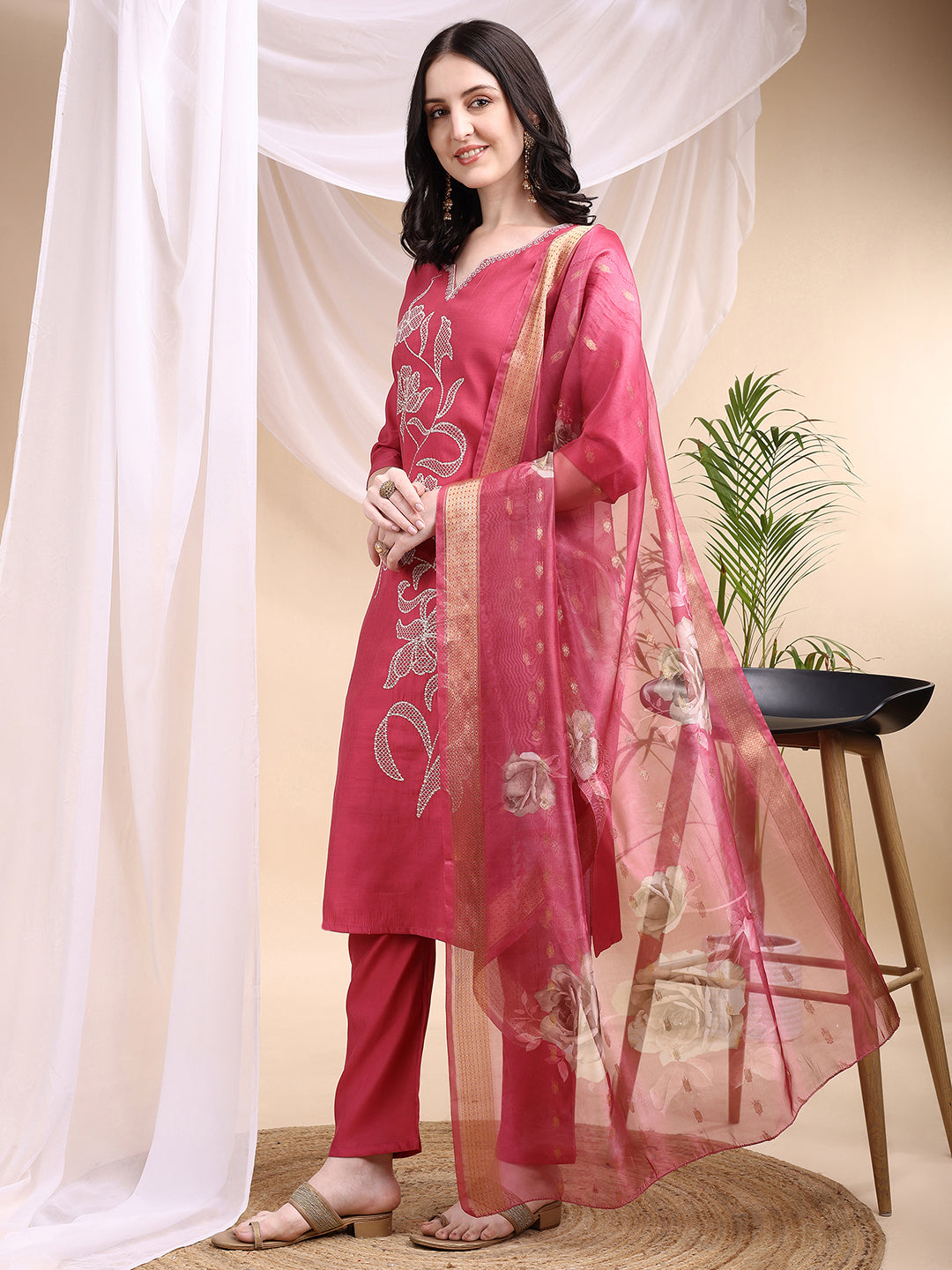 Embroidered Kurta With Pant & Printed Dupatta, Pink - Hiral Fashion - Distacart