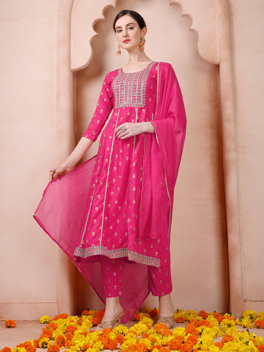 Nayra Cut Embroidered Kurta With Pant And Dupatta Set, Multicolor - Hiral Fashion - Distacart