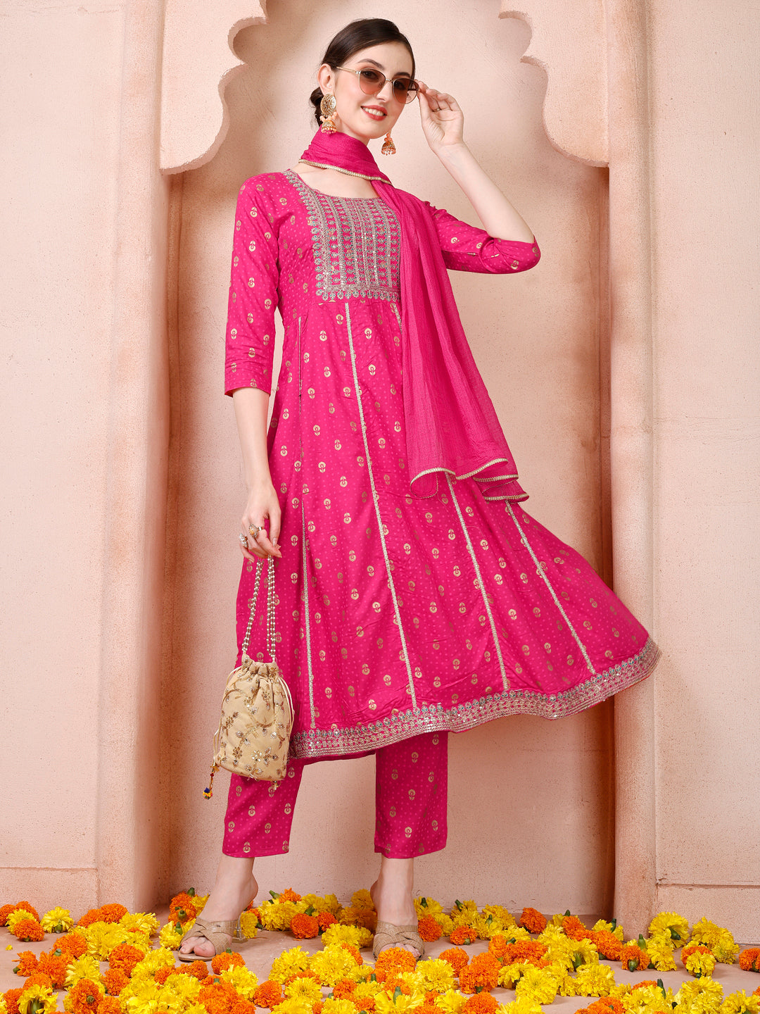 Nayra Cut Embroidered Kurta With Pant And Dupatta Set, Multicolor - Hiral Fashion - Distacart