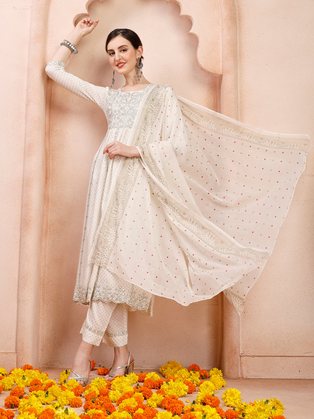 Nayra Cut Embroidered Kurta With Pant And Dupatta Set, Multicolor - Hiral Fashion - Distacart