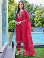Embroidered Kurta With Pant And Dupatta Set, Multicolor - Hiral Fashion - Distacart