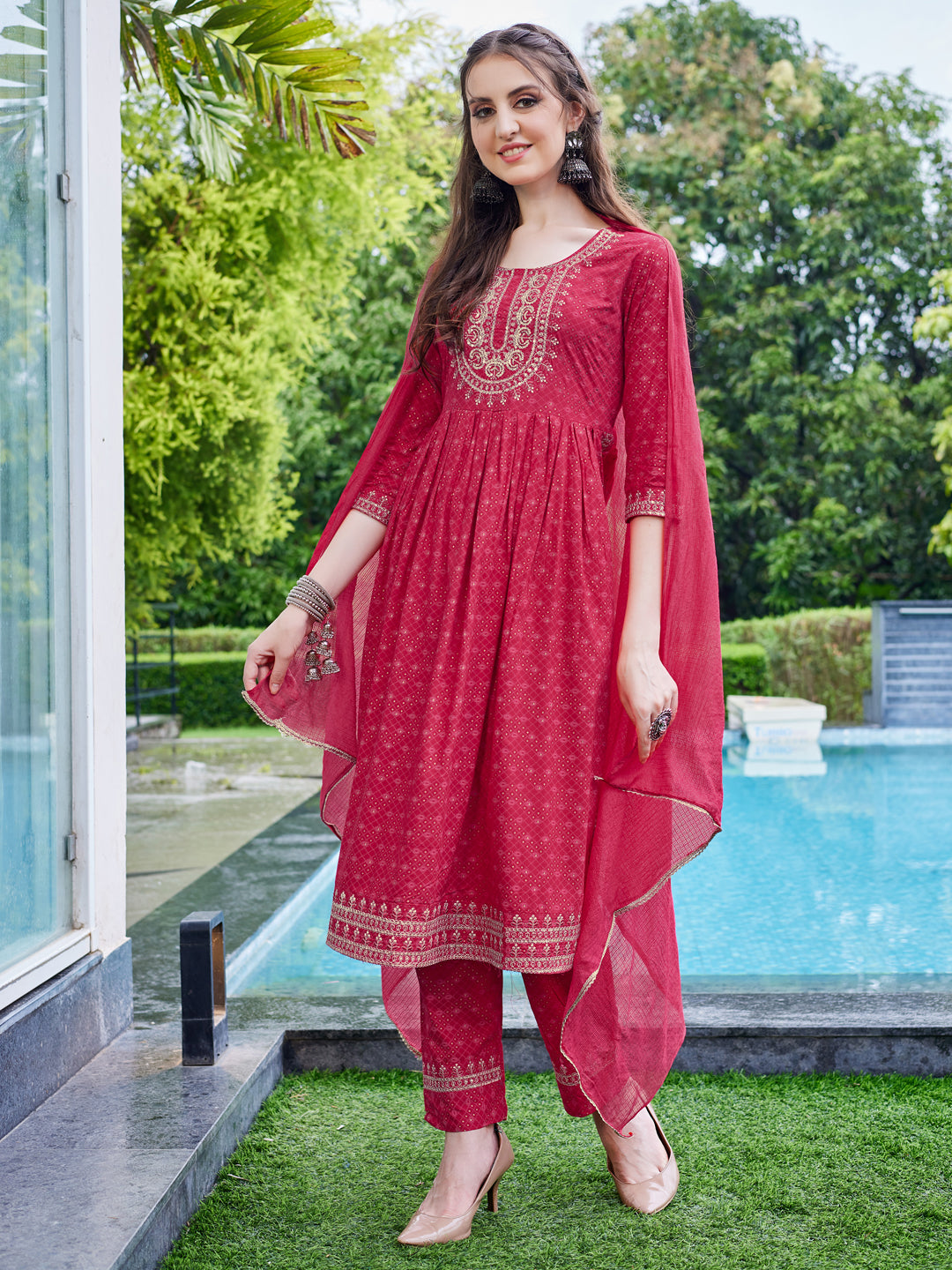 Embroidered Kurta With Pant And Dupatta Set, Multicolor - Hiral Fashion - Distacart