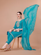 Printed & Embroidered Kurta With Pant And Dupatta Set, Multicolor - Hiral Fashion - Distacart