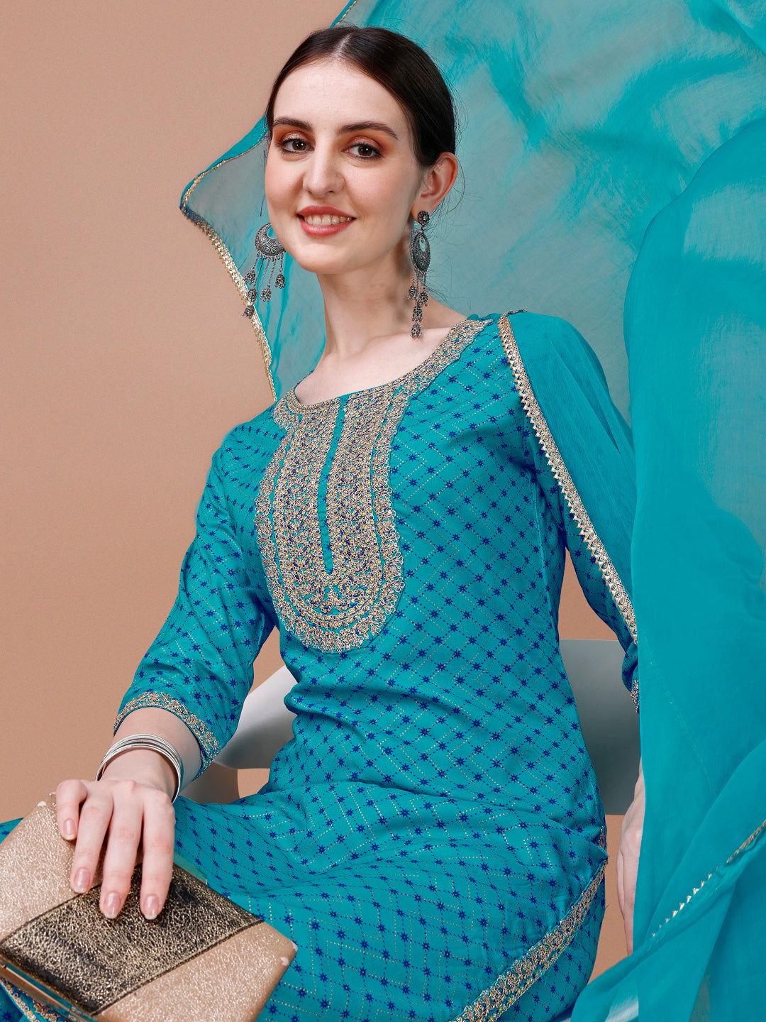 Printed & Embroidered Kurta With Pant And Dupatta Set, Multicolor - Hiral Fashion - Distacart