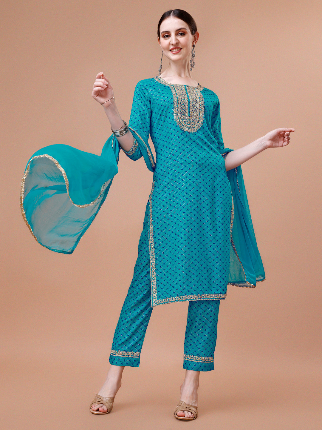 Printed & Embroidered Kurta With Pant And Dupatta Set, Multicolor - Hiral Fashion - Distacart