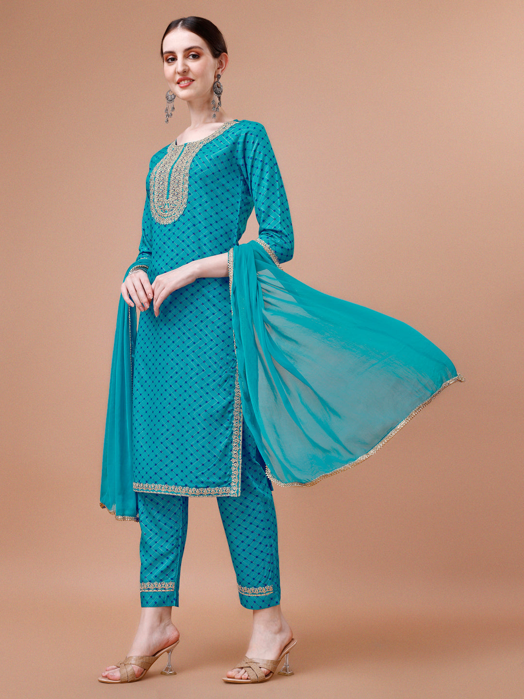 Printed & Embroidered Kurta With Pant And Dupatta Set, Multicolor - Hiral Fashion - Distacart