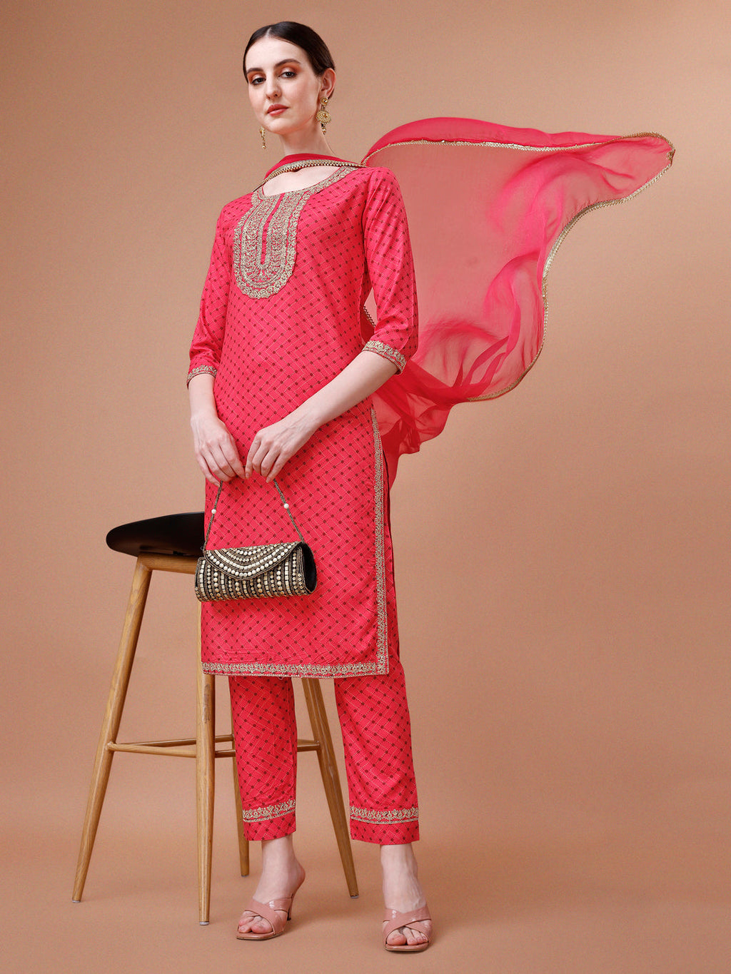 Printed & Embroidered Kurta With Pant And Dupatta Set, Multicolor - Hiral Fashion - Distacart