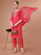 Printed & Embroidered Kurta With Pant And Dupatta Set, Multicolor - Hiral Fashion - Distacart
