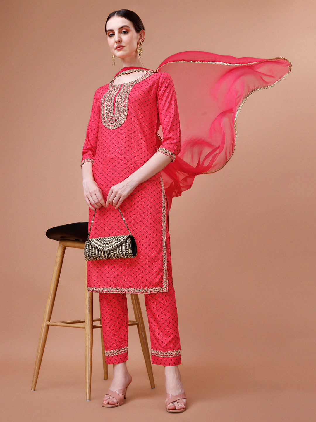 Printed & Embroidered Kurta With Pant And Dupatta Set, Multicolor - Hiral Fashion - Distacart