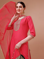 Printed & Embroidered Kurta With Pant And Dupatta Set, Multicolor - Hiral Fashion - Distacart