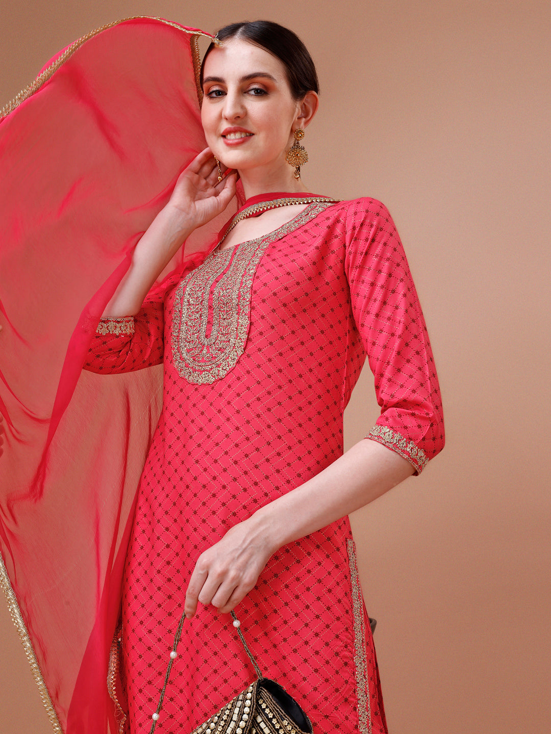 Printed & Embroidered Kurta With Pant And Dupatta Set, Multicolor - Hiral Fashion - Distacart