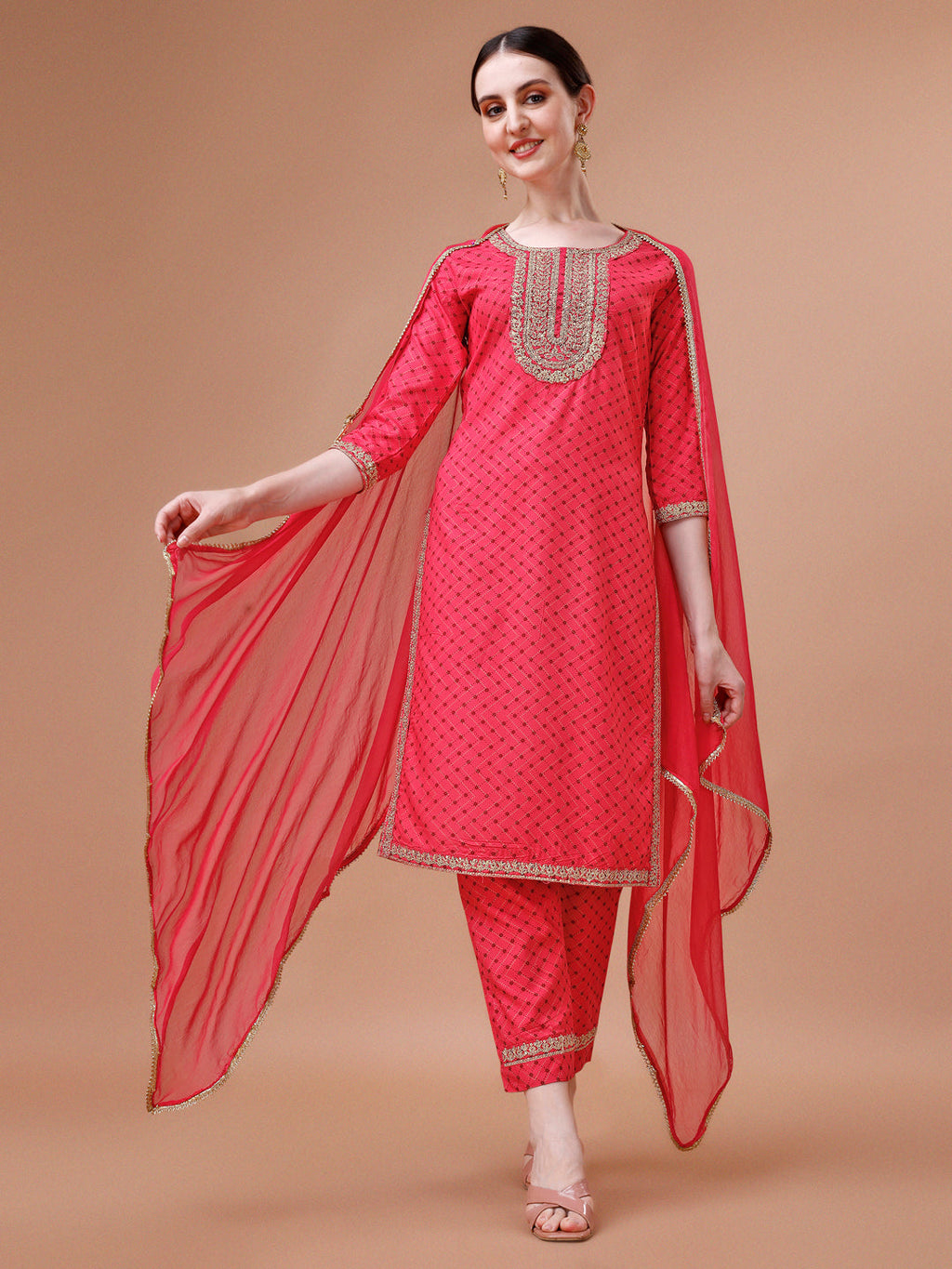 Printed & Embroidered Kurta With Pant And Dupatta Set, Multicolor - Hiral Fashion - Distacart