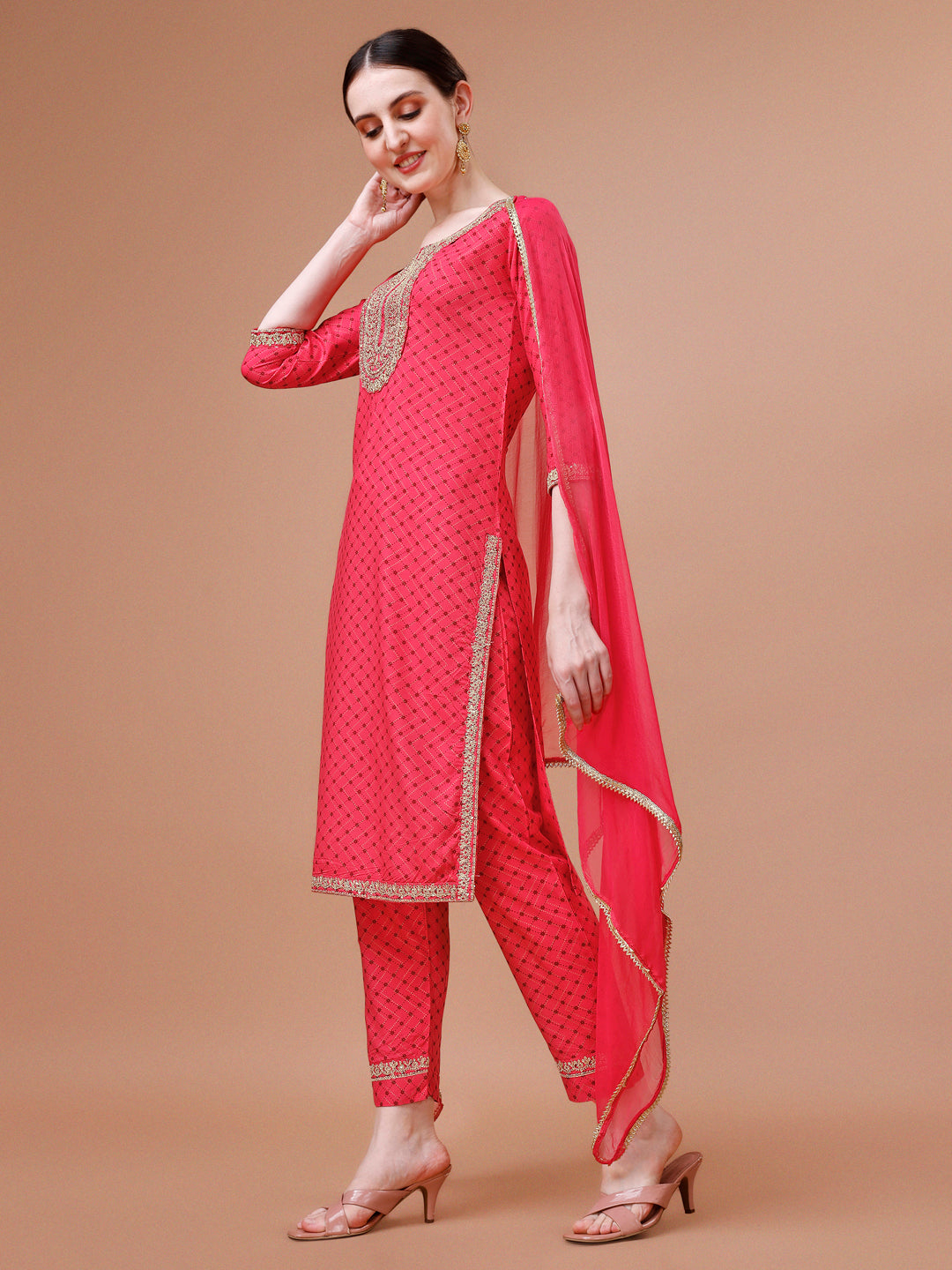 Printed & Embroidered Kurta With Pant And Dupatta Set, Multicolor - Hiral Fashion - Distacart