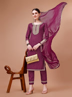 Printed & Embroidered Kurta With Pant And Dupatta Set, Multicolor - Hiral Fashion - Distacart