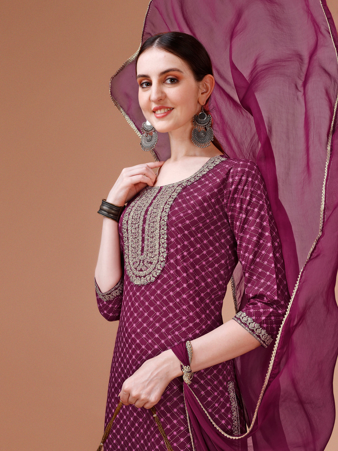 Printed & Embroidered Kurta With Pant And Dupatta Set, Multicolor - Hiral Fashion - Distacart