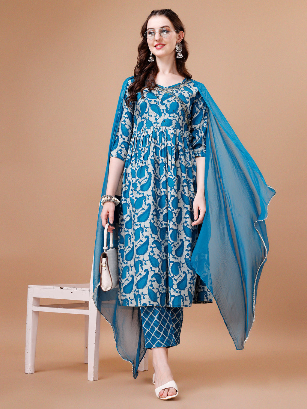 Embroidered Angrakha Style Printed & Flared Anarkali Kurta With Pant & Dupatta Set, Multicolor - Hiral Fashion - Distacart