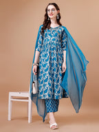 Embroidered Angrakha Style Printed & Flared Anarkali Kurta With Pant & Dupatta Set, Multicolor - Hiral Fashion - Distacart
