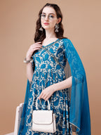 Embroidered Angrakha Style Printed & Flared Anarkali Kurta With Pant & Dupatta Set, Multicolor - Hiral Fashion - Distacart
