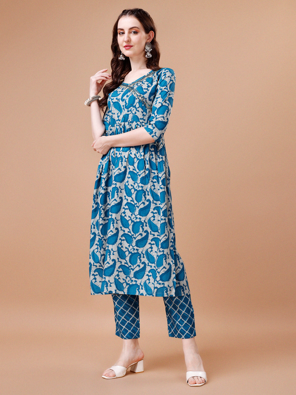 Embroidered Angrakha Style Printed & Flared Anarkali Kurta With Pant & Dupatta Set, Multicolor - Hiral Fashion - Distacart