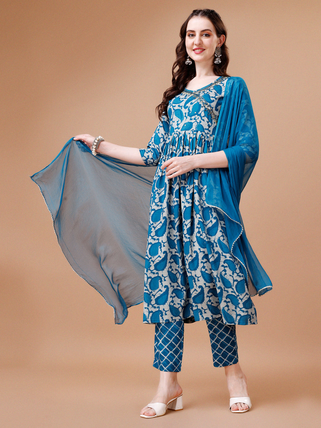 Embroidered Angrakha Style Printed & Flared Anarkali Kurta With Pant & Dupatta Set, Multicolor - Hiral Fashion - Distacart