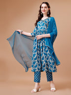 Embroidered Angrakha Style Printed & Flared Anarkali Kurta With Pant & Dupatta Set, Multicolor - Hiral Fashion - Distacart