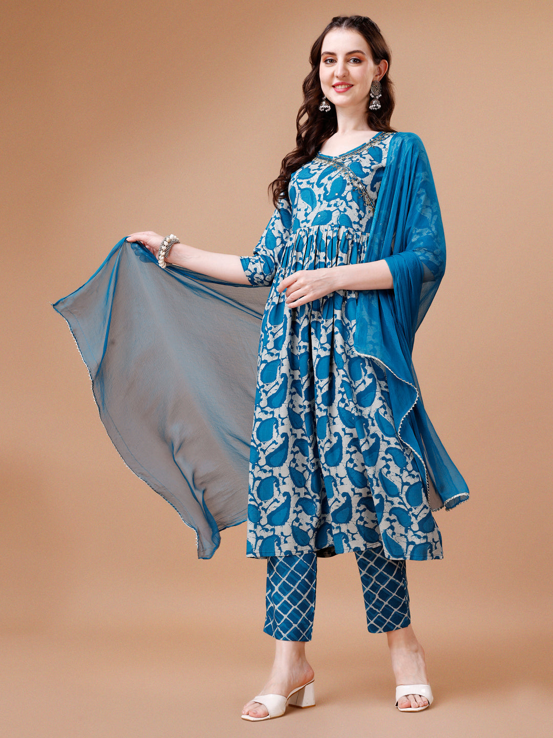 Embroidered Angrakha Style Printed & Flared Anarkali Kurta With Pant & Dupatta Set, Multicolor - Hiral Fashion - Distacart