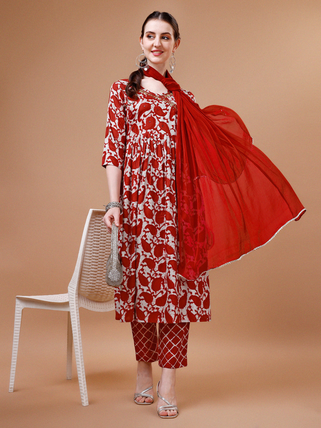 Embroidered Angrakha Style Printed & Flared Anarkali Kurta With Pant & Dupatta Set, Multicolor - Hiral Fashion - Distacart