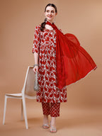 Embroidered Angrakha Style Printed & Flared Anarkali Kurta With Pant & Dupatta Set, Multicolor - Hiral Fashion - Distacart