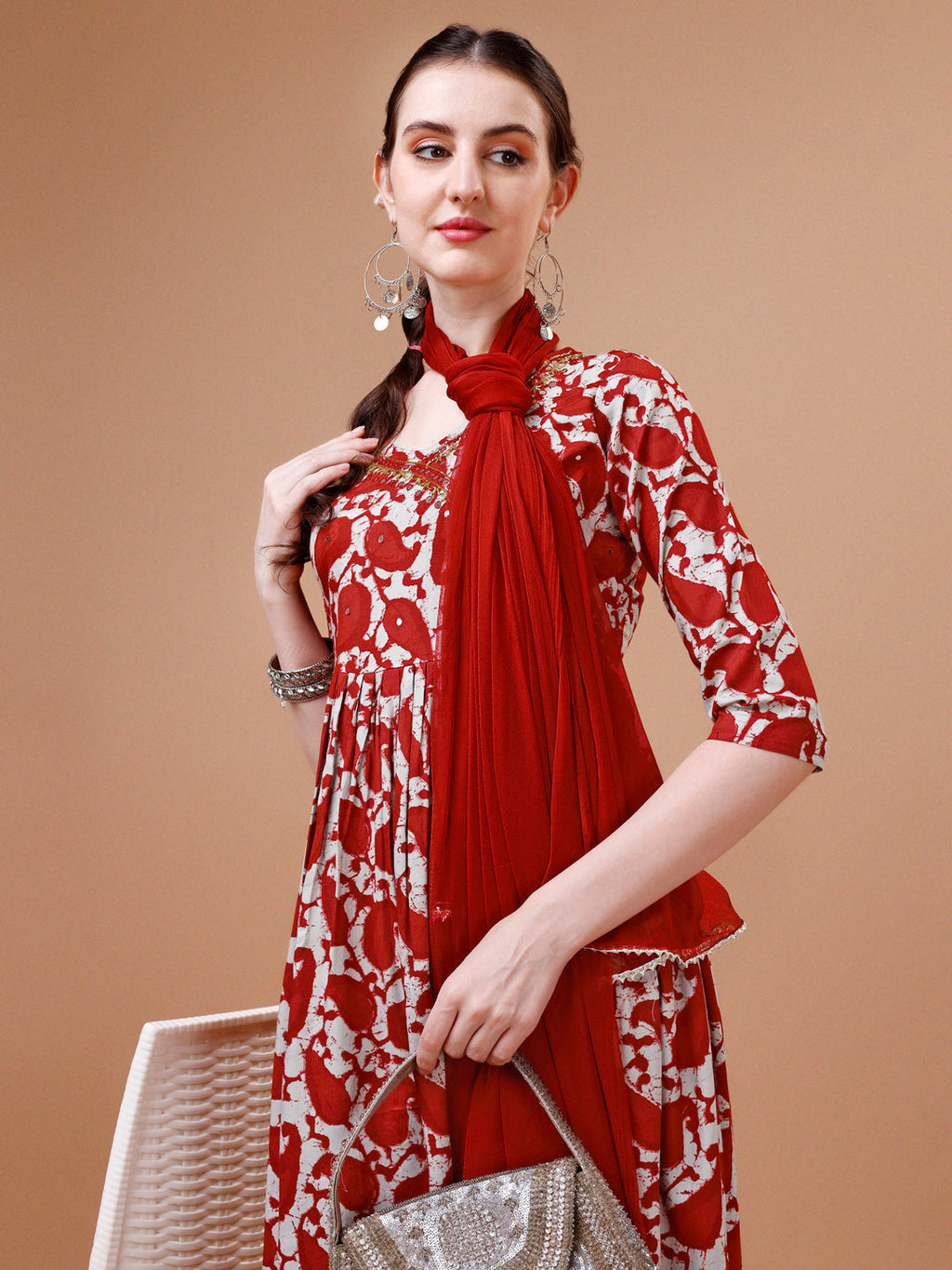 Embroidered Angrakha Style Printed & Flared Anarkali Kurta With Pant & Dupatta Set, Multicolor - Hiral Fashion - Distacart