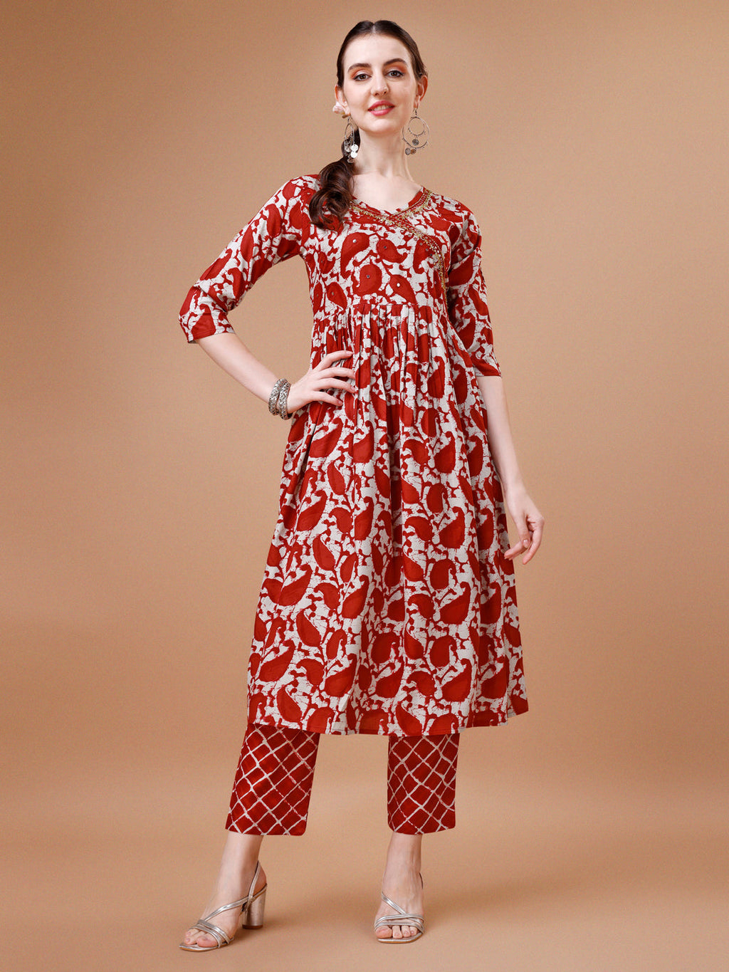 Embroidered Angrakha Style Printed & Flared Anarkali Kurta With Pant & Dupatta Set, Multicolor - Hiral Fashion - Distacart