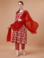 Embroidered Angrakha Style Printed & Flared Anarkali Kurta With Pant & Dupatta Set, Multicolor - Hiral Fashion - Distacart