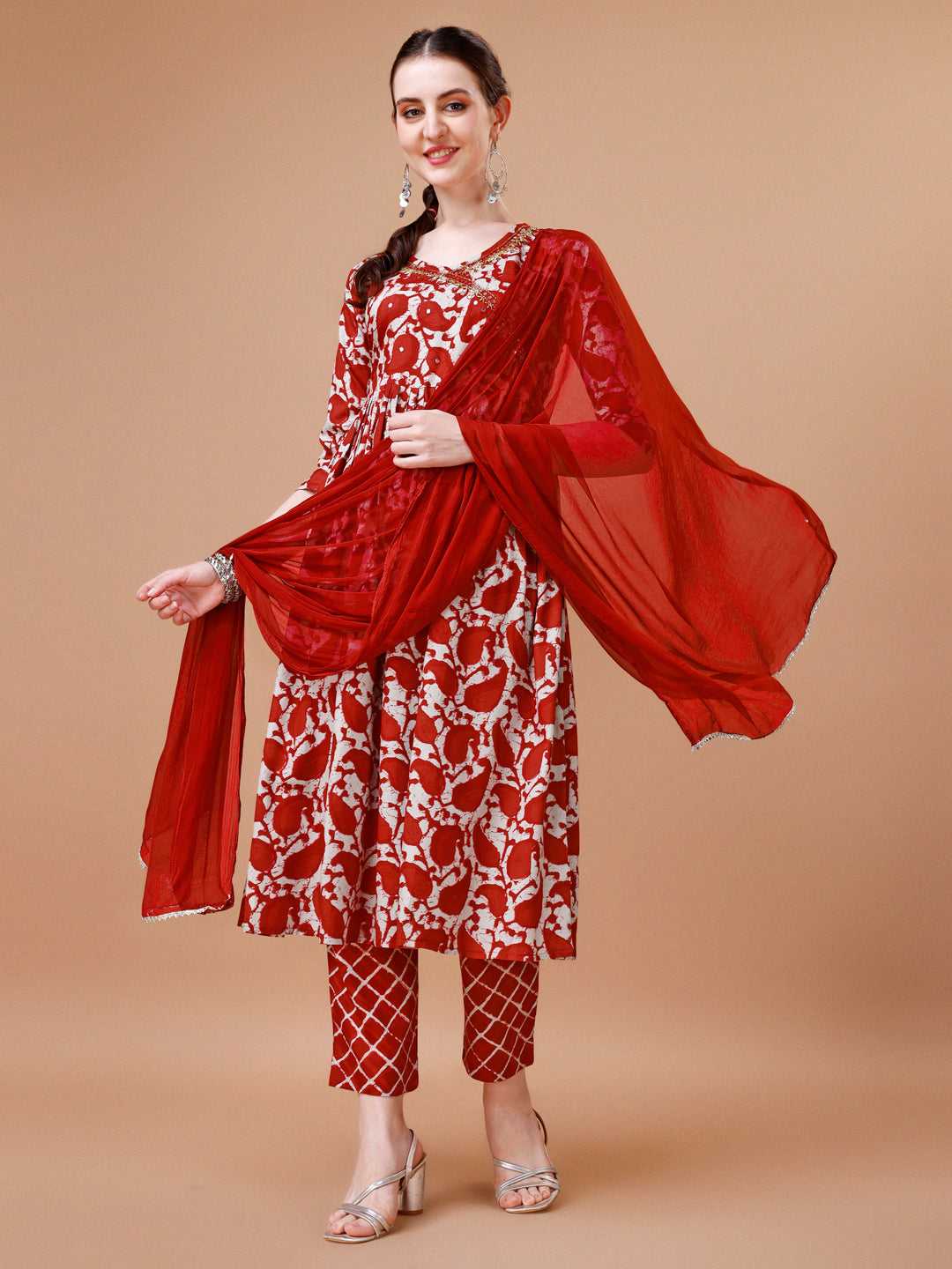 Embroidered Angrakha Style Printed & Flared Anarkali Kurta With Pant & Dupatta Set, Multicolor - Hiral Fashion - Distacart