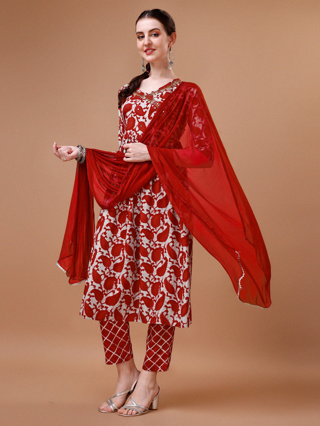 Embroidered Angrakha Style Printed & Flared Anarkali Kurta With Pant & Dupatta Set, Multicolor - Hiral Fashion - Distacart