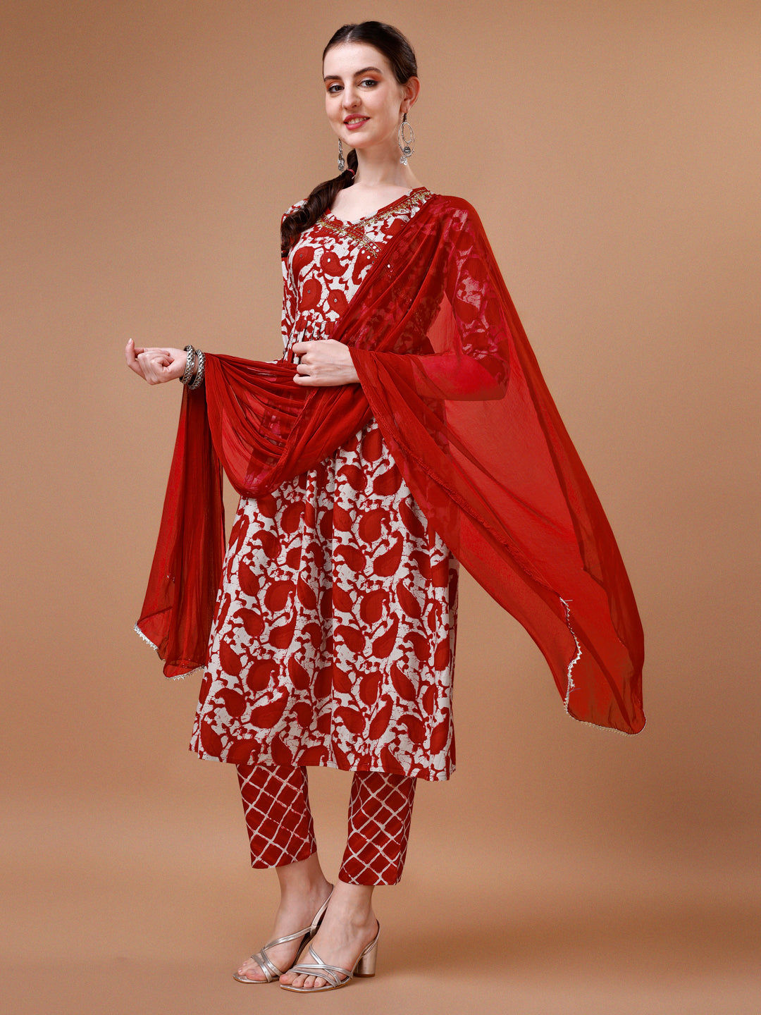 Embroidered Angrakha Style Printed & Flared Anarkali Kurta With Pant & Dupatta Set, Multicolor - Hiral Fashion - Distacart