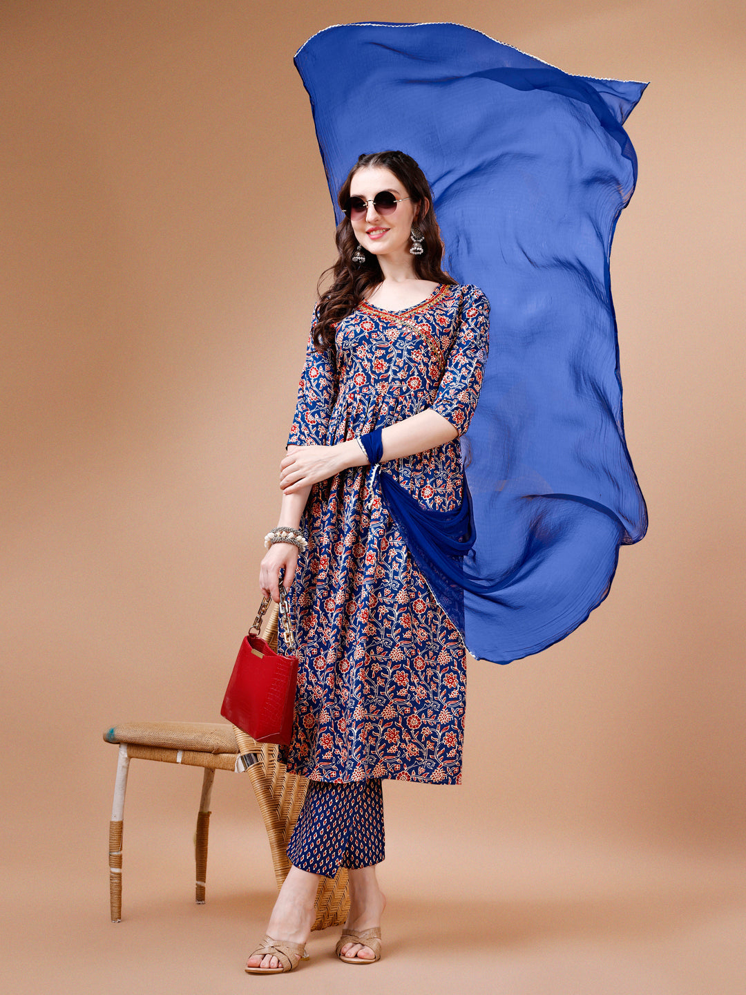 Mirror Embroidered Angrakha Style Printed & Flared Anarkali Kurta With Pant & Dupatta Set, Multicolor - Hiral Fashion - Distacart