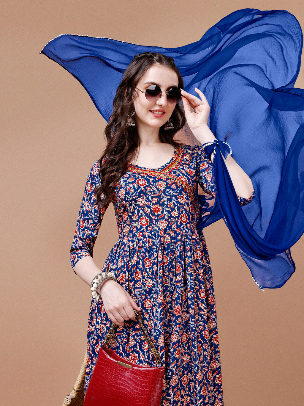 Mirror Embroidered Angrakha Style Printed & Flared Anarkali Kurta With Pant & Dupatta Set, Multicolor - Hiral Fashion - Distacart