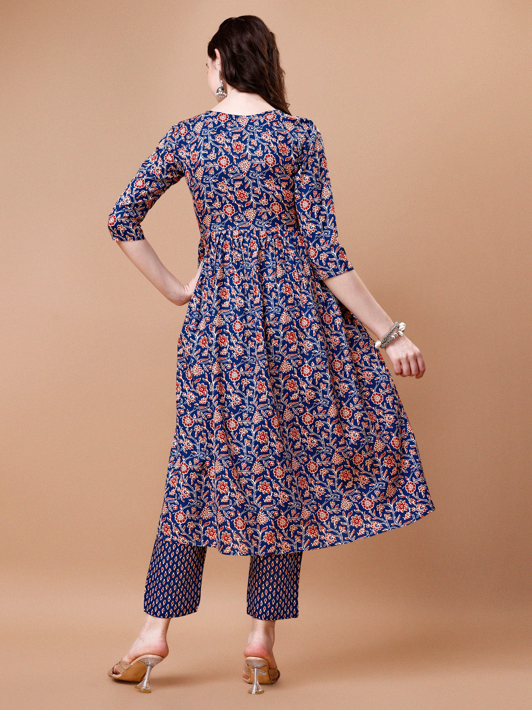 Mirror Embroidered Angrakha Style Printed & Flared Anarkali Kurta With Pant & Dupatta Set, Multicolor - Hiral Fashion - Distacart