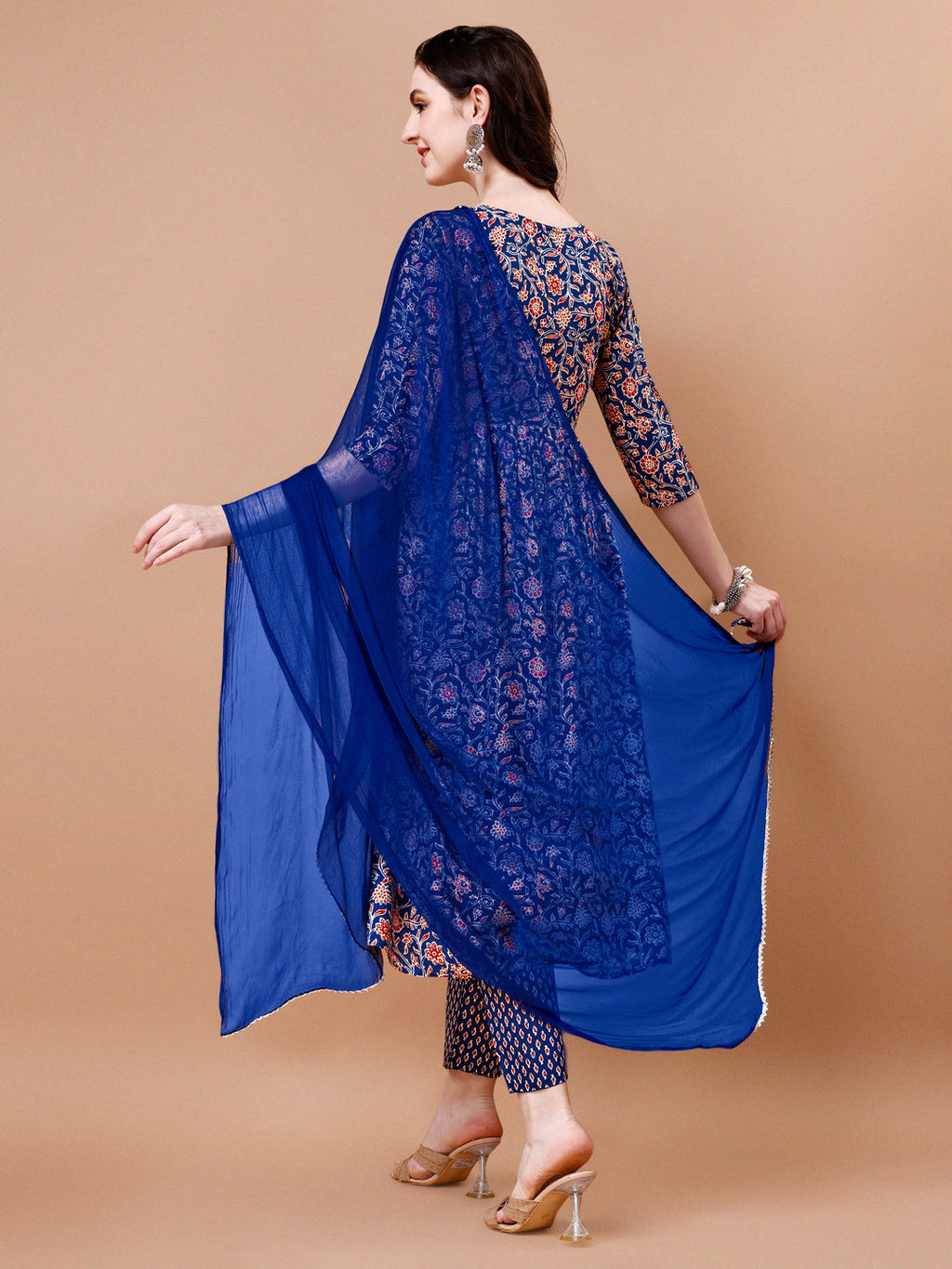 Mirror Embroidered Angrakha Style Printed & Flared Anarkali Kurta With Pant & Dupatta Set, Multicolor - Hiral Fashion - Distacart