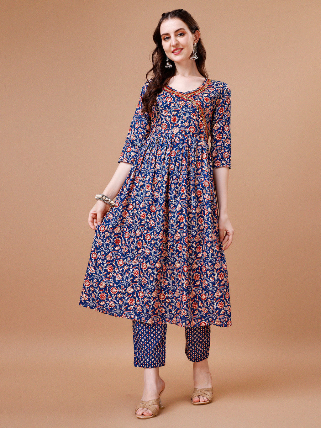 Mirror Embroidered Angrakha Style Printed & Flared Anarkali Kurta With Pant & Dupatta Set, Multicolor - Hiral Fashion - Distacart