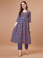 Mirror Embroidered Angrakha Style Printed & Flared Anarkali Kurta With Pant & Dupatta Set, Multicolor - Hiral Fashion - Distacart