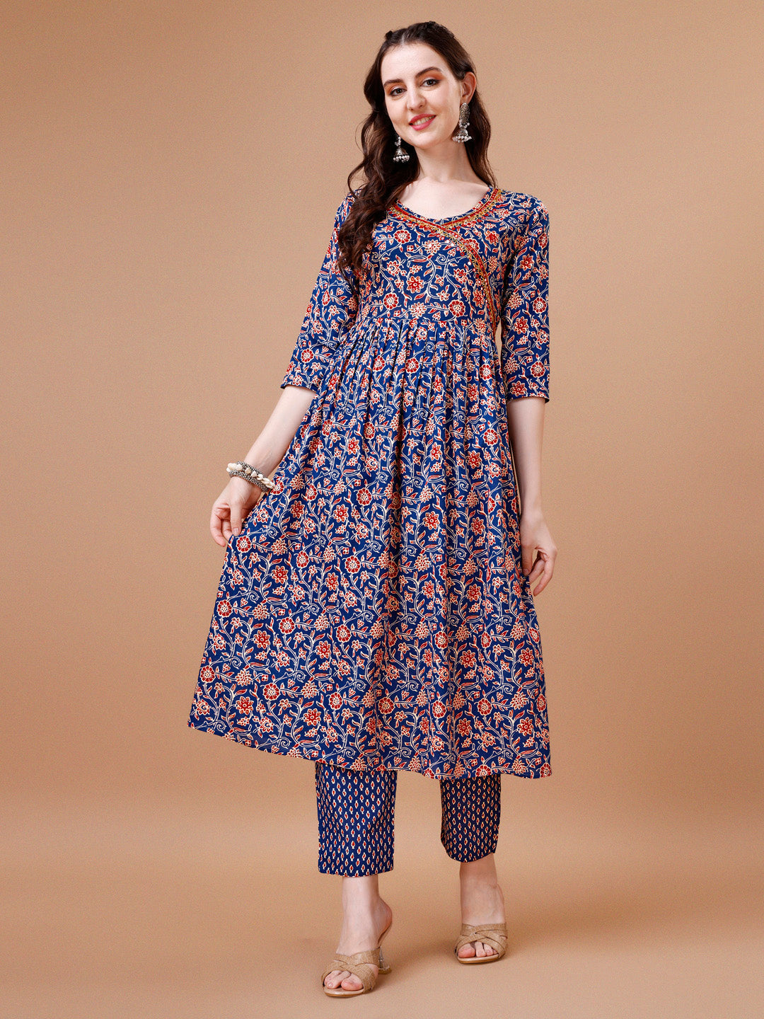 Mirror Embroidered Angrakha Style Printed & Flared Anarkali Kurta With Pant & Dupatta Set, Multicolor - Hiral Fashion - Distacart