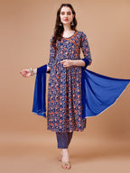 Mirror Embroidered Angrakha Style Printed & Flared Anarkali Kurta With Pant & Dupatta Set, Multicolor - Hiral Fashion - Distacart