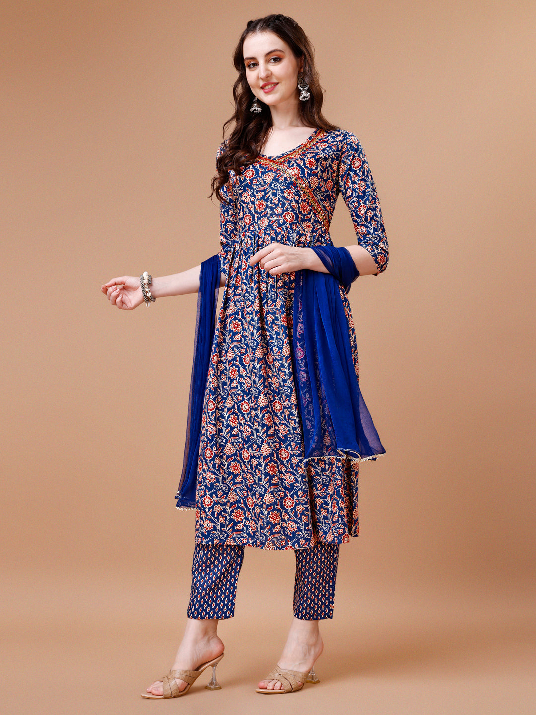 Mirror Embroidered Angrakha Style Printed & Flared Anarkali Kurta With Pant & Dupatta Set, Multicolor - Hiral Fashion - Distacart