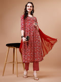 Mirror Embroidered Angrakha Style Printed & Flared Anarkali Kurta With Pant & Dupatta Set, Multicolor - Hiral Fashion - Distacart
